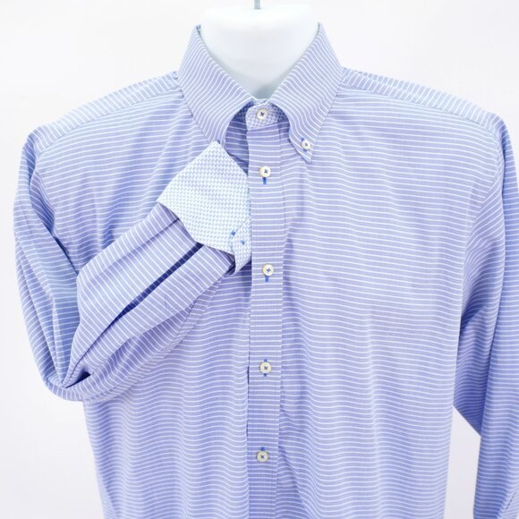 Thomas Dean Blue White Striped Flip Cuff‎ Button Down Medium Pima Cotton - Picture 1 of 9